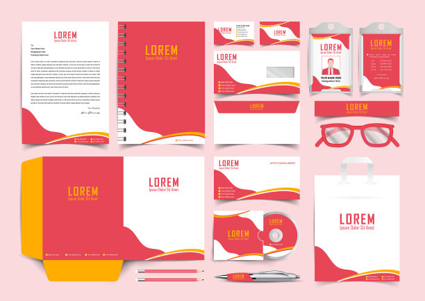 粉色和黄色文具模板设计图片下载