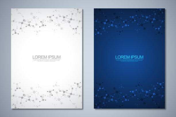 模板小册子或封面书，页面布局，传单设计与分子结构和DNA链的抽象背景。理念和理念的创新技术，医学研究，科学。图片下载