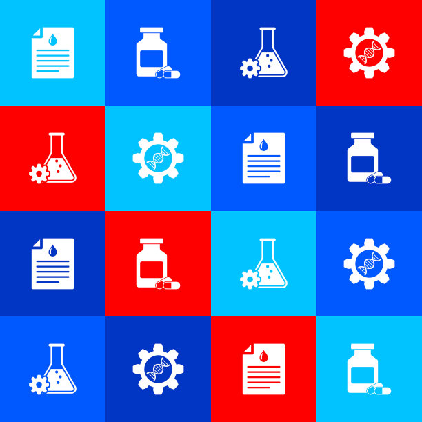 设置剪贴板与血液测试，药瓶和药丸，生物工程和遗传图标。向量图片下载