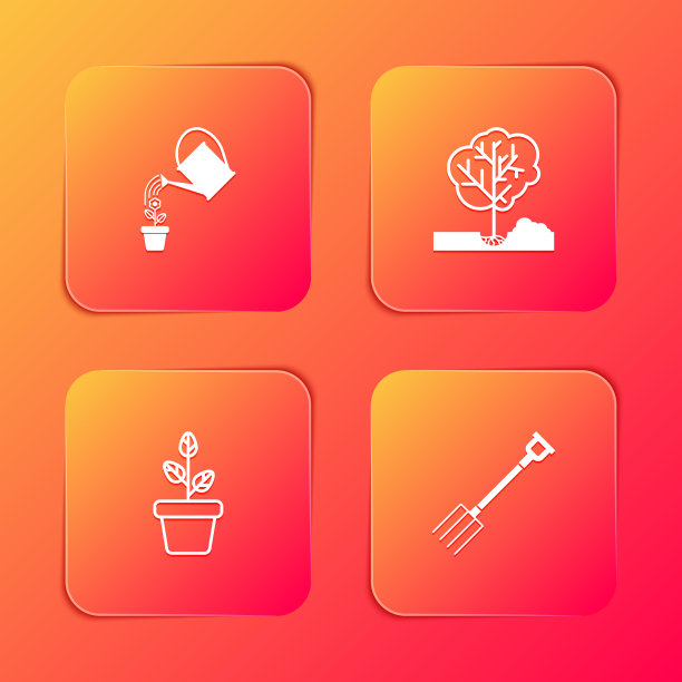 设置喷壶，种植树木地面，花盆和花园草叉图标。向量图片下载