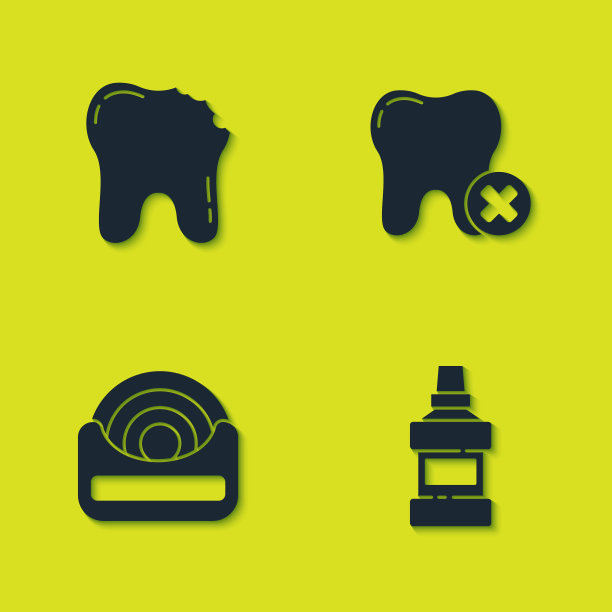 集断牙，漱口水瓶，牙线和牙齿与龋齿图标。向量图片下载