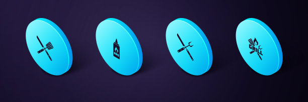 设置等距交叉叉和抹刀，刀，番茄酱瓶和图标。向量图片下载