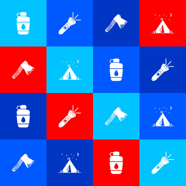 设置水壶，手电筒，旧木斧和带有旗帜图标的游客帐篷。向量图片下载