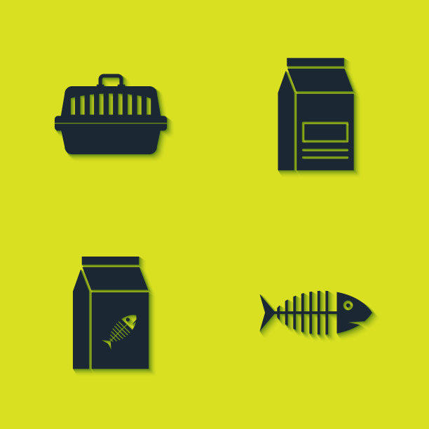 设置宠物携带箱，鱼骨架，猫的食物袋和图标。向量图片下载