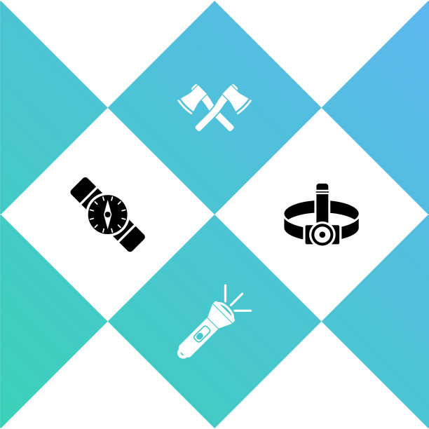 设置指南针，手电筒，交叉木斧和头手电筒图标。向量图片下载