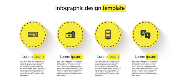 设置机票，机票，在线拼车和翻译。业务信息图模板。向量图片下载