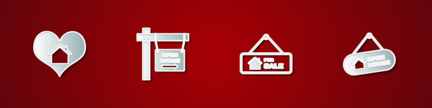 设置房子与心脏形状，悬挂标志开放房屋，出售和图标。向量图片下载