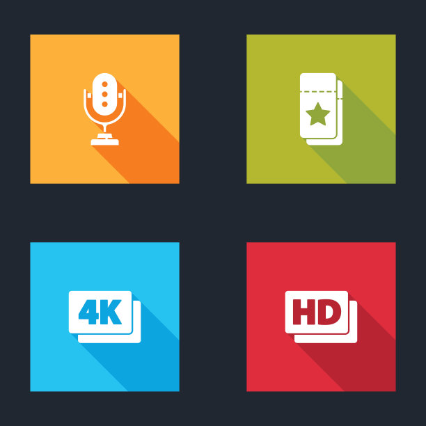 设置麦克风，电影票，4k超高清和高清电影，磁带，帧图标。向量图片下载