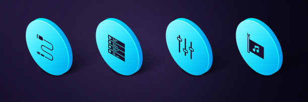 设置等角音乐节旗帜，均衡器，播放列表和音频插孔图标。向量图片下载