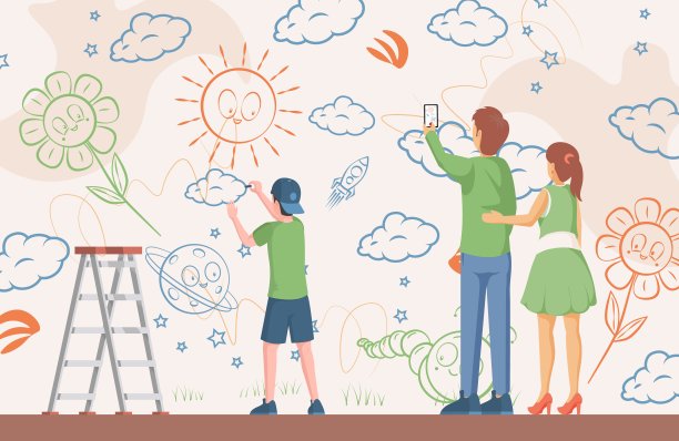 小男孩在墙上画画矢量平面插图。妈妈和爸爸给孩子们拍艺术照片。图片下载