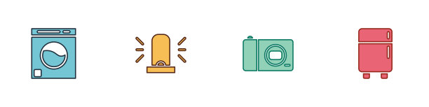 设置洗衣机，闪光警报器，照片相机和冰箱图标。向量图片下载