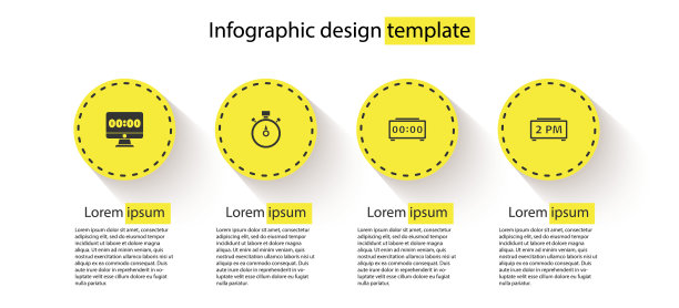 设置时钟监视器，秒表，数字闹钟和。业务信息模板。向量图片下载
