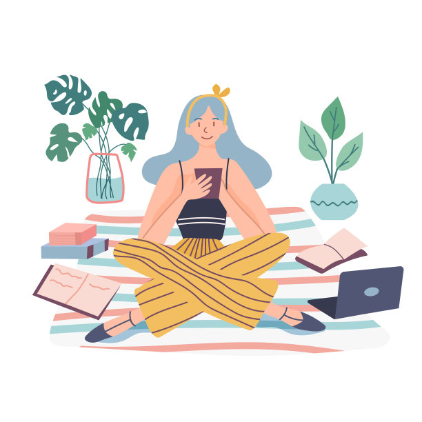 年轻女学生坐在地毯上图片下载