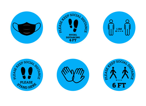 预防冠状病毒。地板上的社交距离贴纸。防止感染的手段。蓝色和黑色。标志和符号。股票向量图片下载