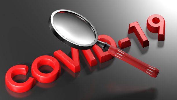 COVID-19与放大镜通过- 3D渲染插图图片下载