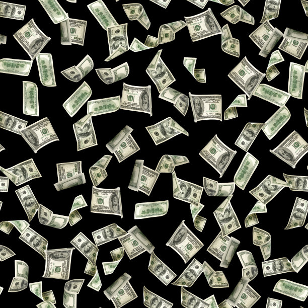 美元模式的美钞。华盛顿美国现金。下跌的美元被孤立在黑色背景下。图片下载