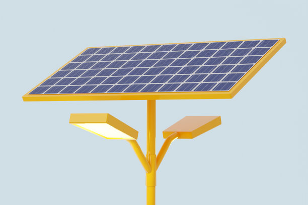 采用太阳能电池节能的双灯杆路灯。图片下载