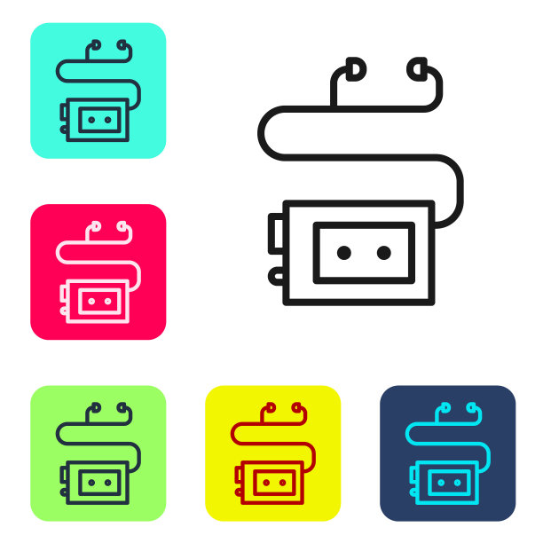 黑线博物馆音频导览图标孤立在白色背景上。旅行的耳机。设置图标的颜色方形按钮。向量图片下载