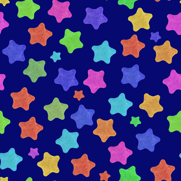 无缝模式。深蓝色背景上的彩色星星，空白用于印刷在织物上或作为背景。图片下载