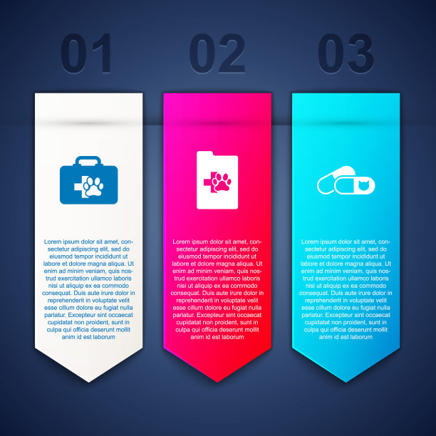 设置宠物急救箱，宠物和猫的临床记录和药片。业务信息模板。向量图片下载