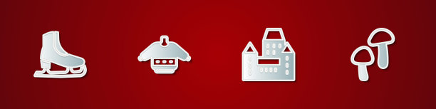 设置溜冰鞋，圣诞毛衣，城堡Frontenac酒店和蘑菇图标。向量图片下载
