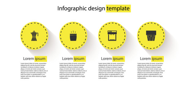 将咖啡壶、咖啡杯、咖啡机和杯子放入水中。业务信息模板。向量图片下载