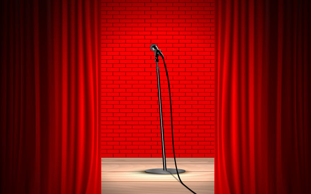 木舞台上有麦克风和红幕图片下载