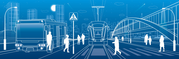 城市场景，人们走在街上，乘客离开公共汽车和电车，夜晚的城市，照明公路，过渡拱桥在背景。矢量基础设施示意图图片下载