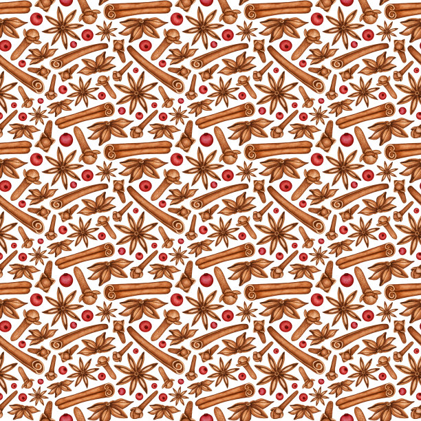 圣诞热红酒香料水彩无缝图案。干丁香芽，八角，肉桂棒，浆果。手绘背景印刷，纺织，包装纸，邀请，卡片图片下载