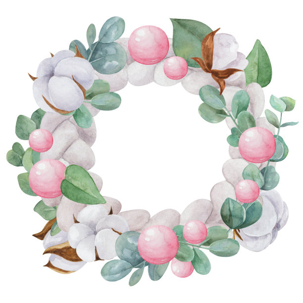 圣诞花环与桉树和棉花水彩插图。图片下载