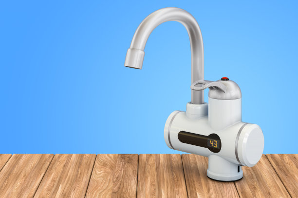 即时电热水器放在木桌上，3D渲染图片下载