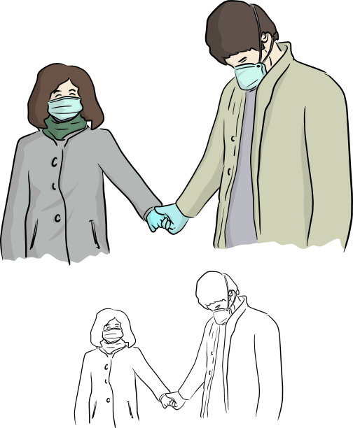 情人与外科口罩和手套牵手图片下载