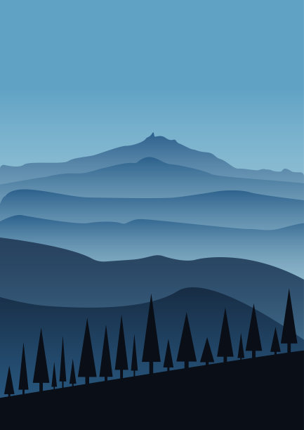 单色雾景观与轮廓的山和冷杉树。蓝色的渐变。垂直矢量插图明信片，海报，测谎，纺织，设计，室内装饰图片下载
