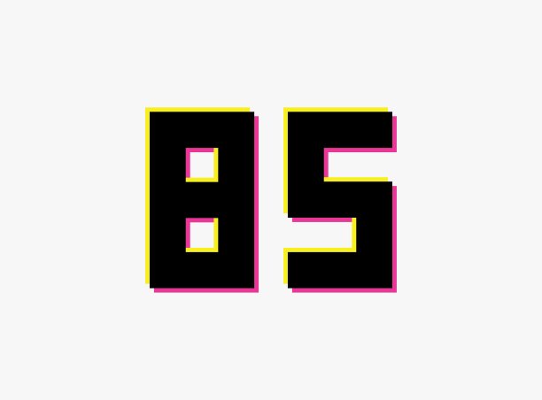 85向量设计标志。动态，分裂颜色，数字的阴影粉红色和黄色的白色背景。社交媒体、设计元素、创意海报、周年庆典、问候等。图片下载