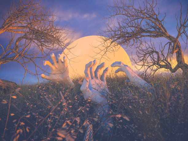 万圣节的背景是僵尸的手和枯树在秋天的田野。图片下载