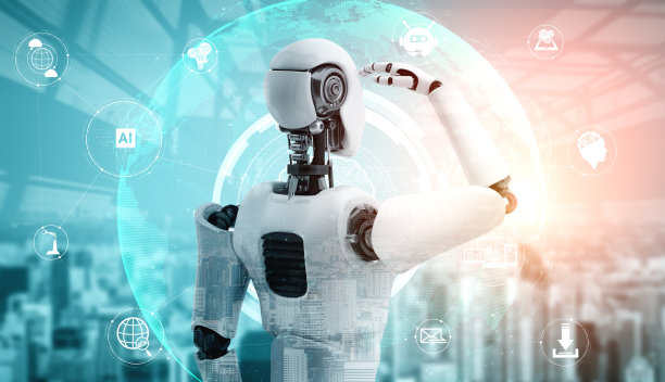 人形人工智能机器人看着全息屏幕显示交流的概念图片下载