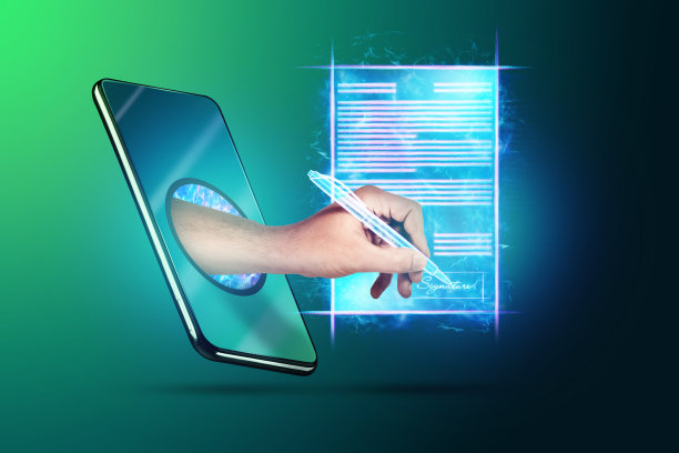 电子签名概念，远程商务，手机和合同全息图以及手持笔签名图像。远程协作，在线商务。混合媒体。图片下载