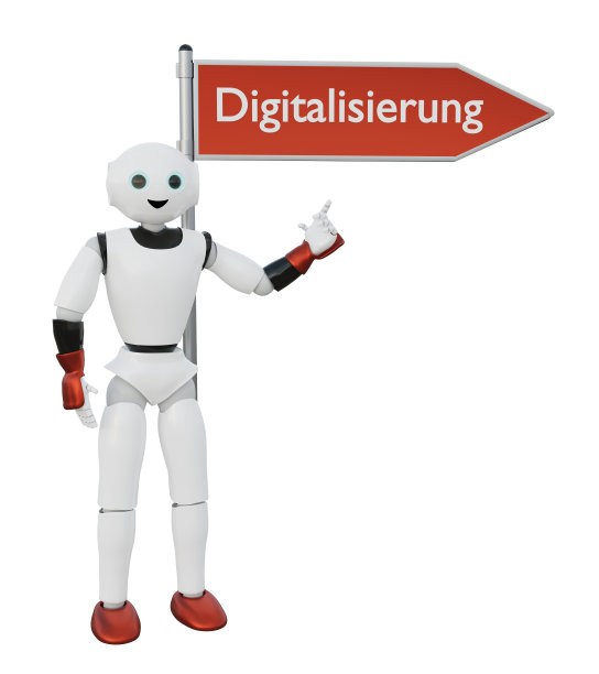 一个3d机器人指着一个用德语写着“数字化”的标志图片下载