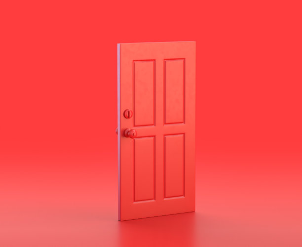 单色单色红色门3d图标在红色背景，单色，3d渲染图片下载