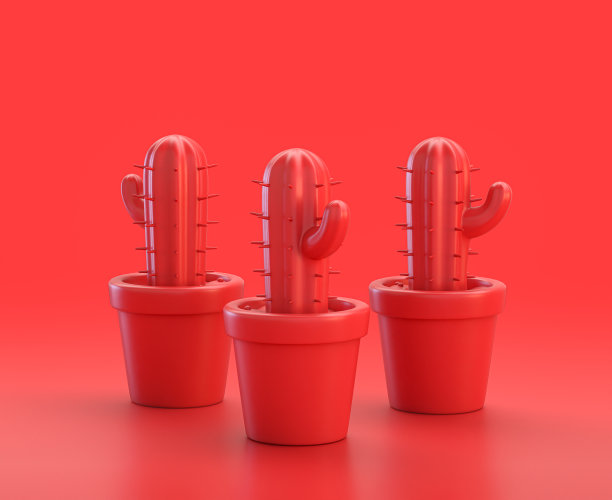单色单色的红色3d图标，一组仙人掌在盆在红色的背景，单色，3d渲染图片下载