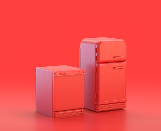 洗碗机和冰箱在红色背景，单色单色红色3d图标，3d渲染图片下载