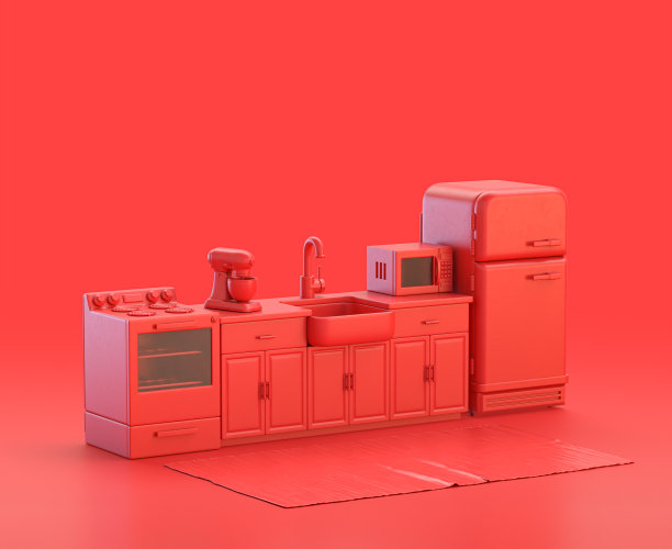 厨房与冰箱在红色背景，单色单色红色3d图标，3d渲染图片下载