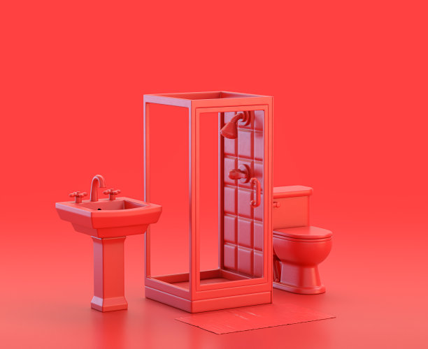 迷你浴室与淋浴，水槽和壁橱在红色背景，单色单色红色3d图标，3d渲染图片下载