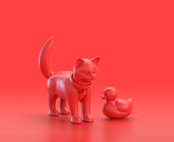 红色背景下的一只猫和一只橡皮小鸭雕像，单色单色的红色3d图标，3d渲染图片下载