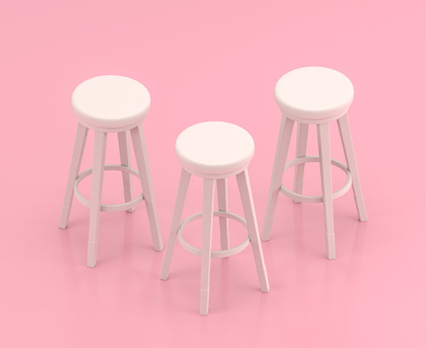 等距白色高凳子在平面颜色粉红色的房间，单色白色，可爱的玩具一样的家居用品，3d渲染，3d图标图片下载