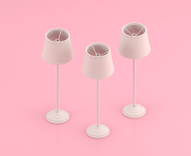 等距白色高落地灯3d图标在平色粉色房间，单色白色，玩具般的可爱微型家居用品，3d渲染图片下载