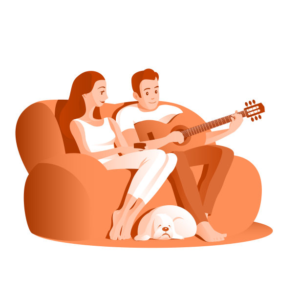 一对年轻夫妇坐在沙发上，手里拿着一把吉他图片下载