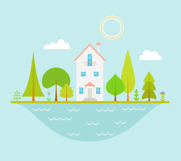 带房子和花园的矢量景观。全景平面风格。图片下载