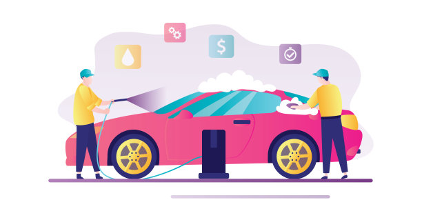 洗车服务标语。穿着制服的小人用肥皂和水清洗现代汽车。军人在工作。图片下载