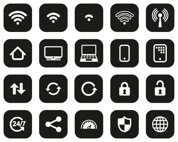 Wifi连接图标白色在黑色平面设计集大图片下载